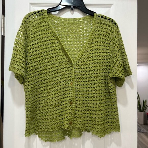 Sweaters - Handmade Vintage Sage Green Crochet Cardigan Short Sleeve Boho Cottagecore
